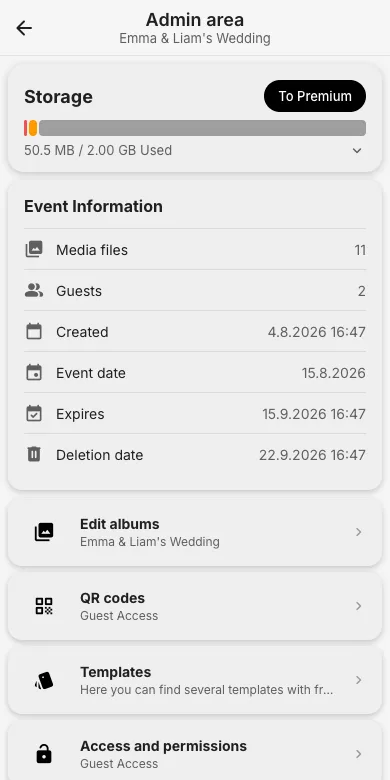 Admin area with storage bar and To Premium button