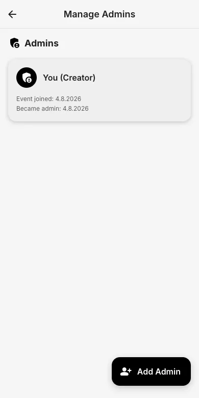 Manage admins page with creator entry and add admin button