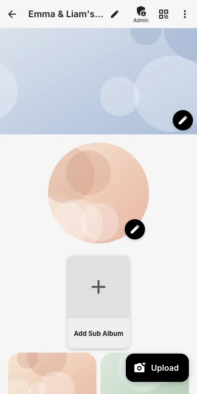 Edit albums view with cover and profile image placeholders