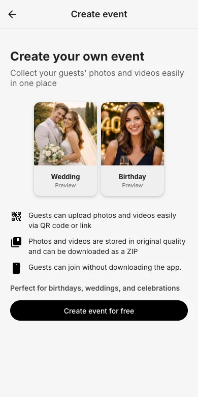 EventPics create event intro screen
