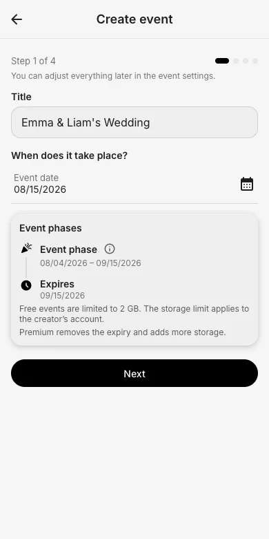 Event creation step 1: title and event date