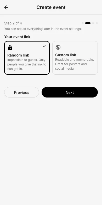 Event creation step 2: random or custom event link