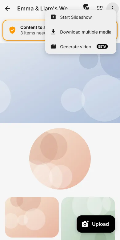 Event menu with generate video entry