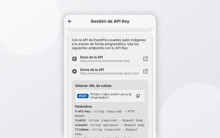 Guía rápida de la API: subidas de fotomatón