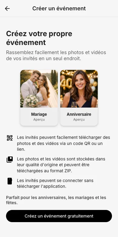 Ouvrez EventPics et touchez « Créer un événement »