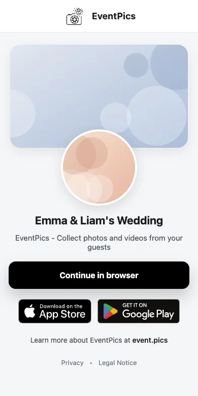 Event preview page a guest sees after scanning the QR code