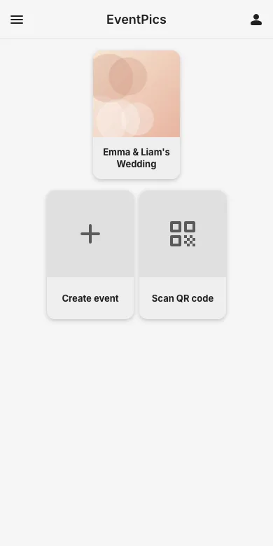 Start screen with the joined event as a card