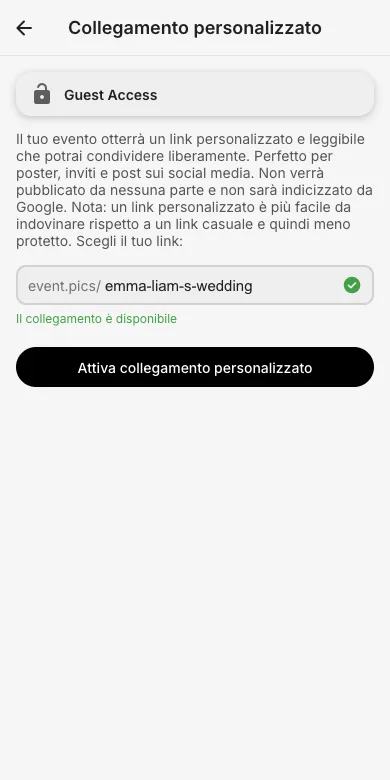 Apri la finestra del link personalizzato