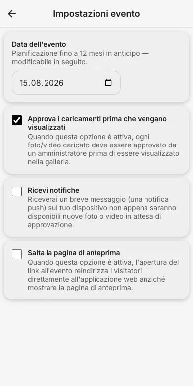 Attivala nelle impostazioni dell'evento
