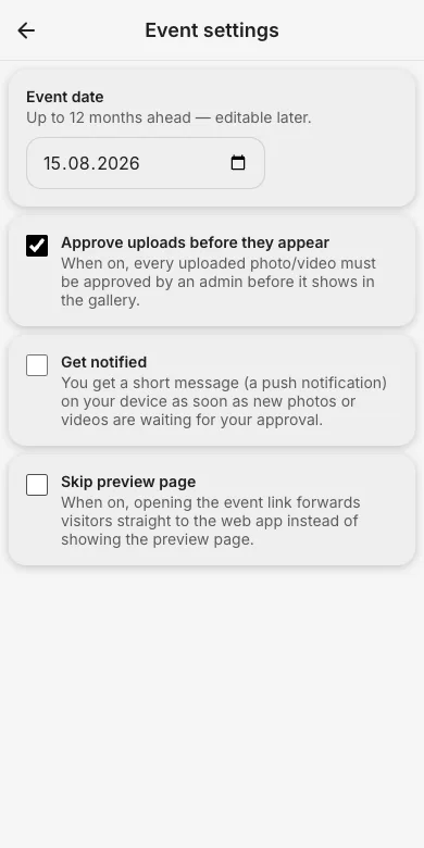 Event settings with approve uploads toggle enabled