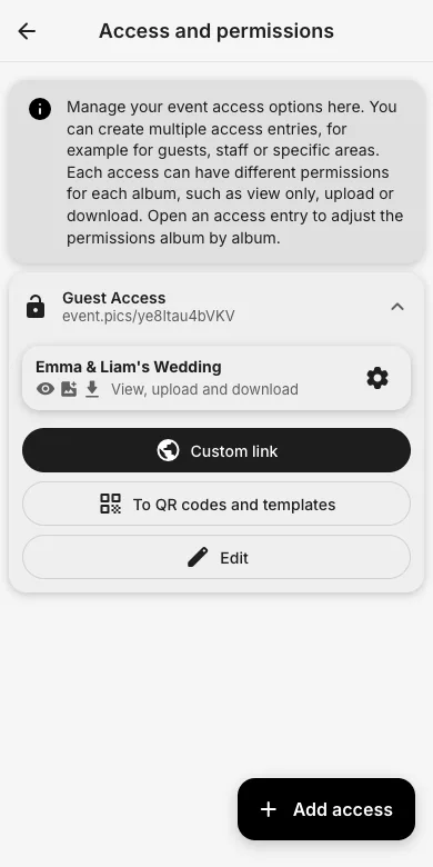 Access and permissions list with add access button