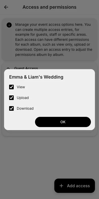 Album permission dialog with view, upload and download checkboxes