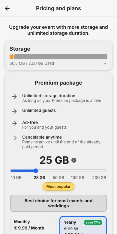 Premium plans page with storage sizes and monthly or yearly pricing