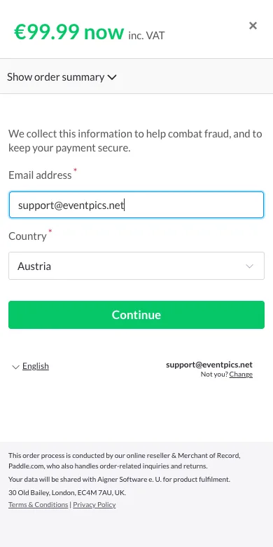 Secure Paddle checkout page for the EventPics subscription