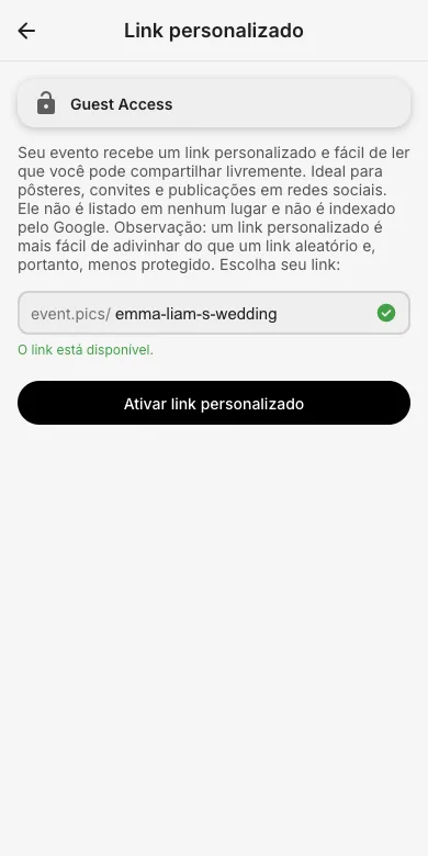 Abre o diálogo do link personalizado