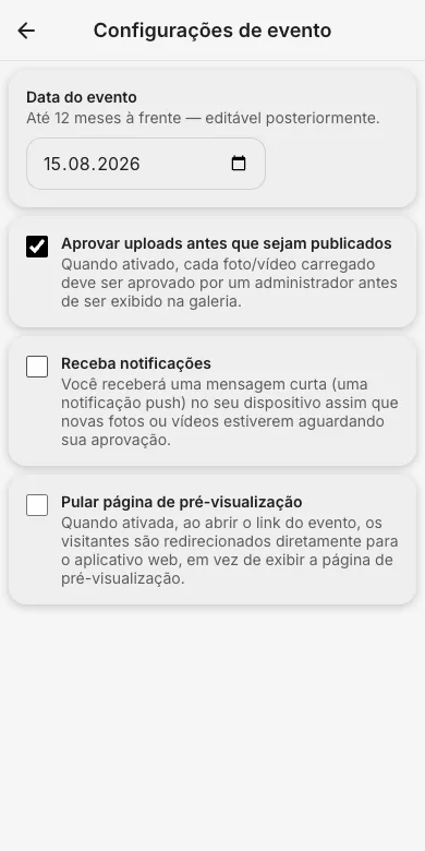 Ativa nas definições do evento