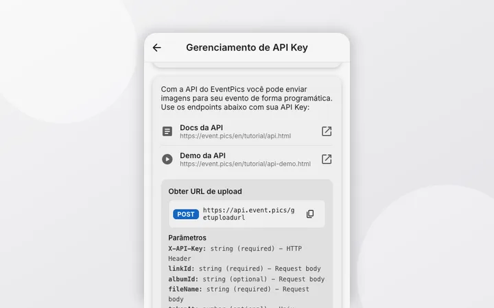 Guia rápido da API: envios de photobooth