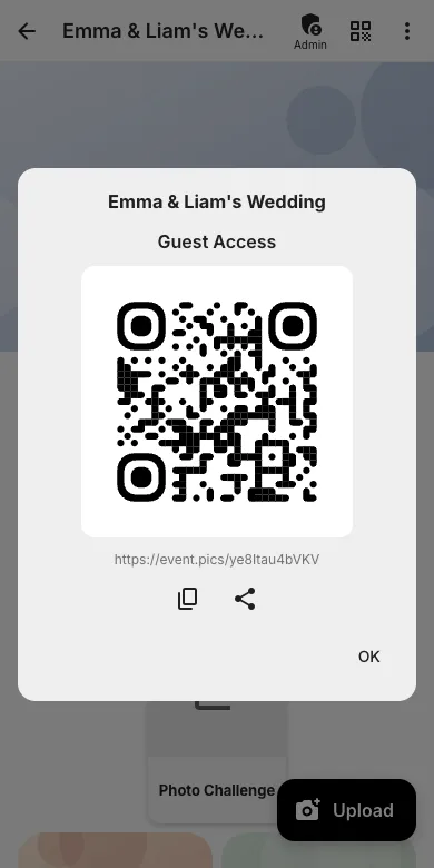 QR code dialog with event link, copy and share buttons