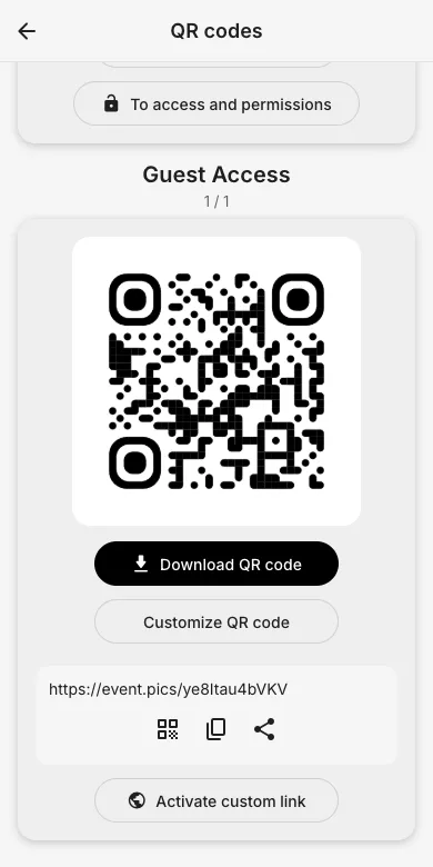 QR codes page with per-access QR code and download button
