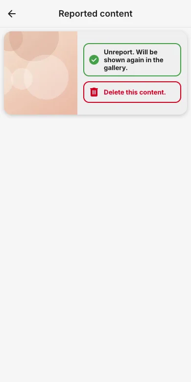 Admin reported content page with unreport and delete actions