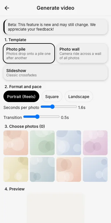 Video generator with templates, formats and pace options