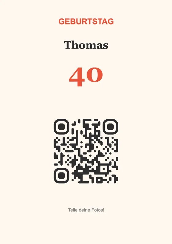 Druckvorlage für den Geburtstag mit QR-Code zum Hochladen der Gästefotos