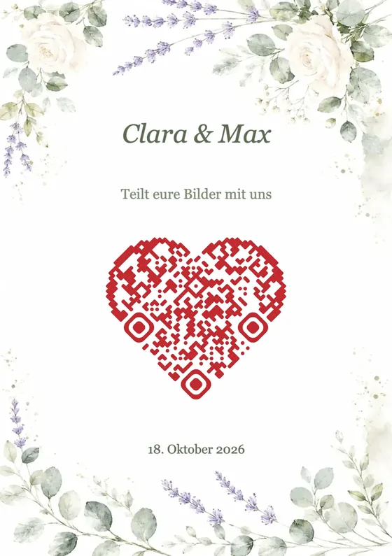Druckvorlage für die Hochzeit mit QR-Code in Herzform, Aquarell-Blumen, Namen des Brautpaars und Datum