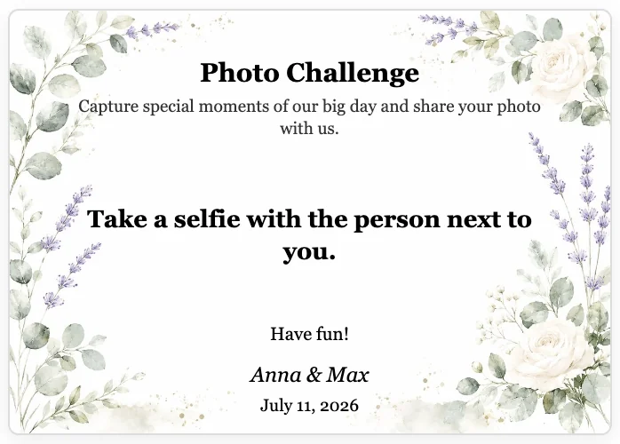 Wedding photo challenge card in a floral design with the task: Take a selfie with the person next to you