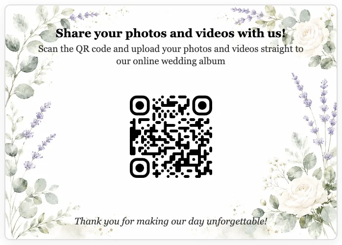 Back of the wedding photo challenge card: QR code to upload photos to the online wedding album