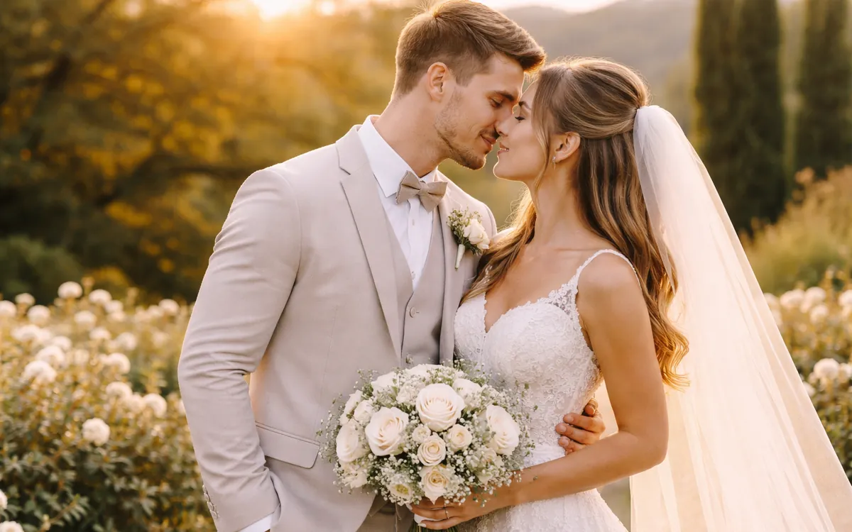 Bridal couple at sunset, collecting all guests' wedding photos with EventPics