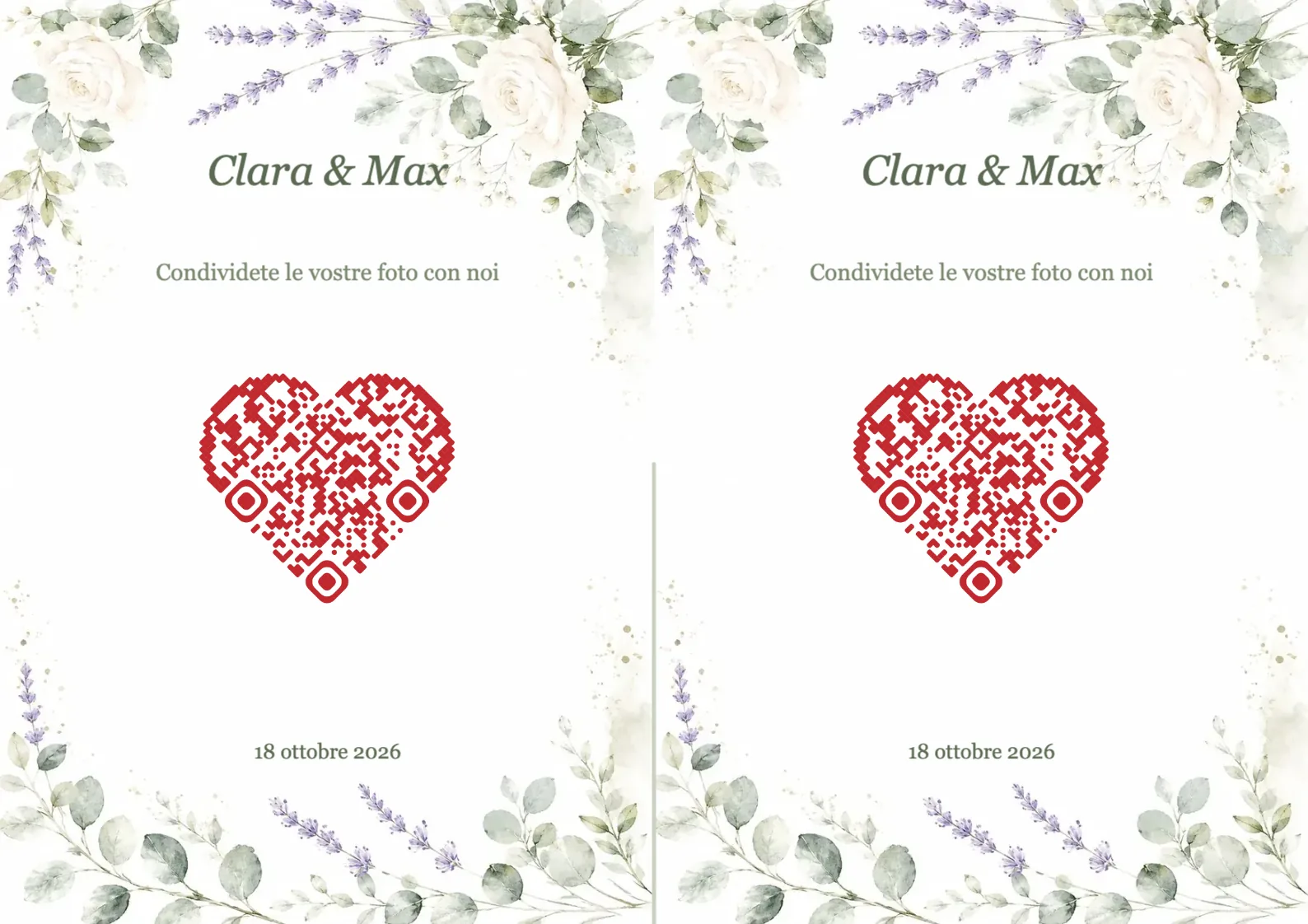 Modello di matrimonio con fiori ad acquerello e codice QR a forma di cuore, A4 orizzontale da piegare