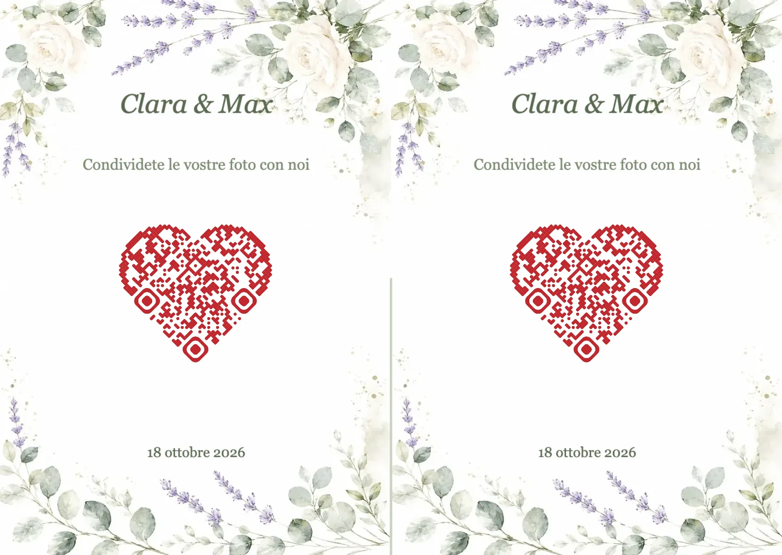 Modello di matrimonio con fiori ad acquerello e codice QR a forma di cuore, A6 orizzontale da piegare