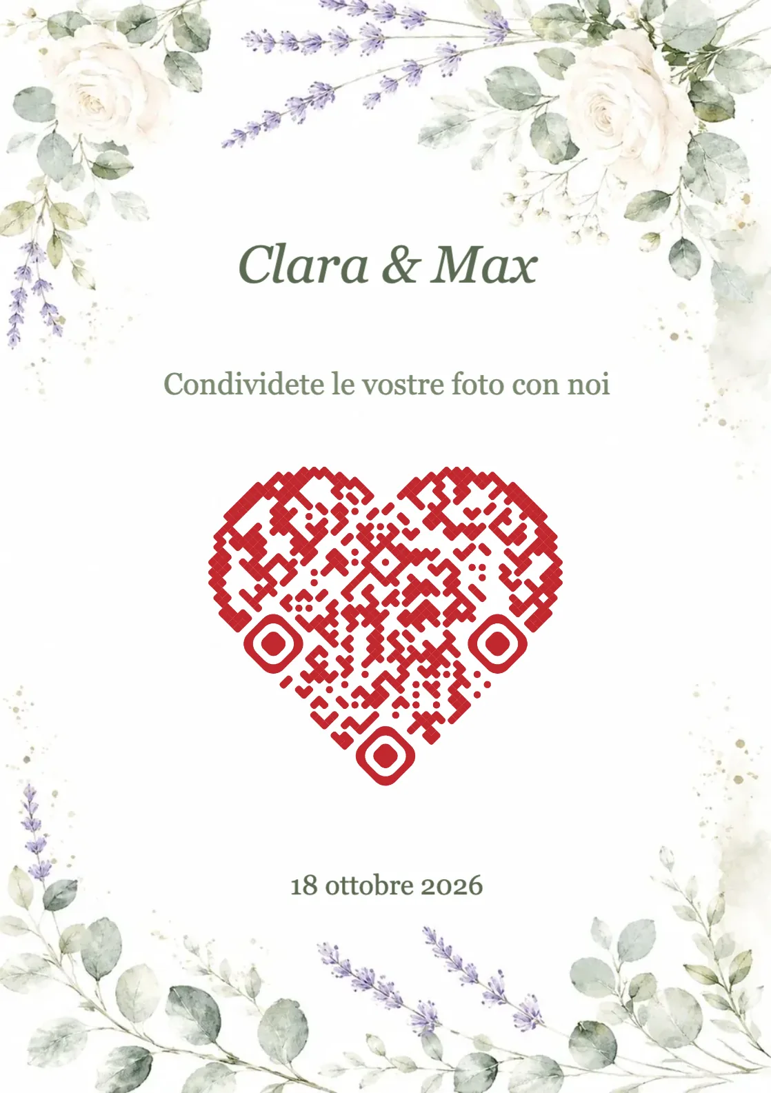 Modello di matrimonio con fiori ad acquerello e codice QR a forma di cuore, A7 verticale