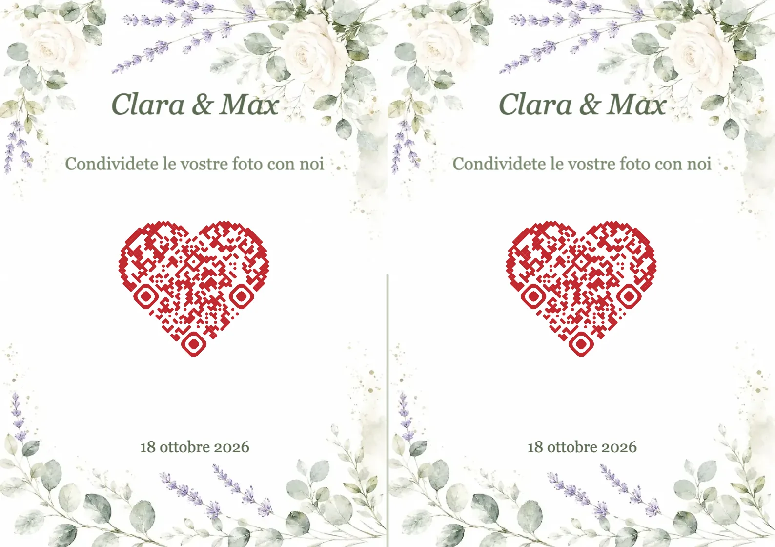 Modello di matrimonio con fiori ad acquerello e codice QR a forma di cuore, A7 orizzontale da piegare
