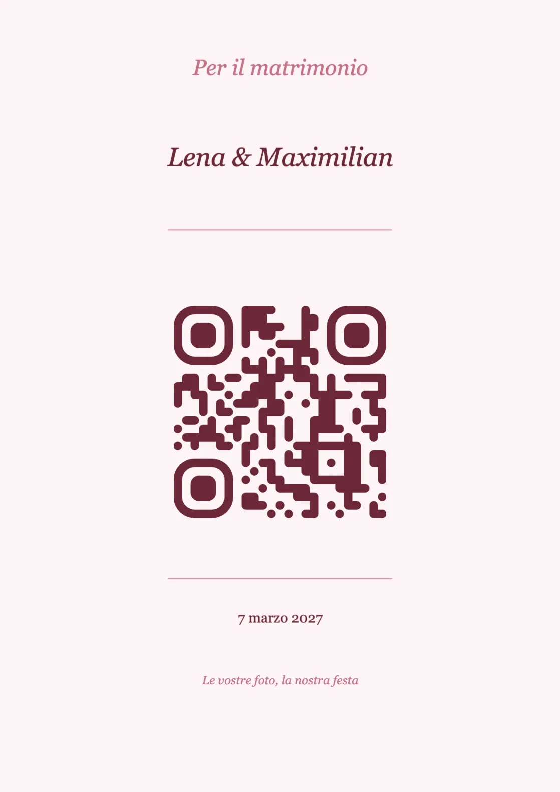 Modello di segnaposto con codice QR per matrimonio, Romantico A4 verticale