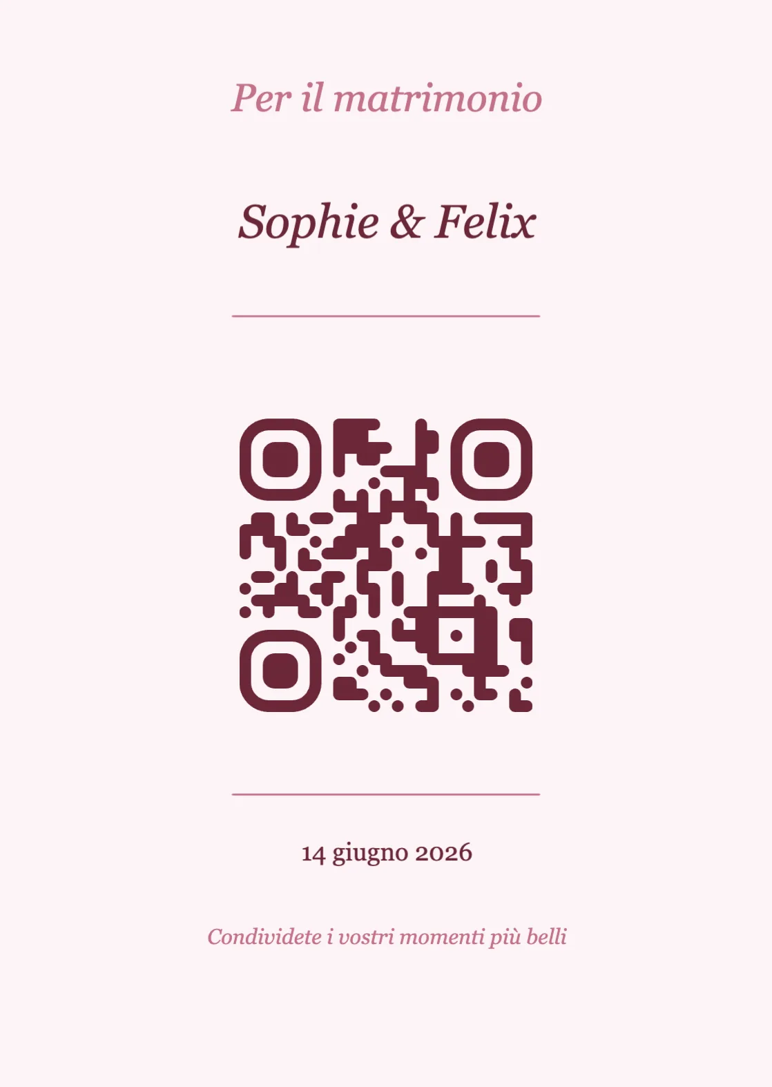 Modello di segnaposto con codice QR per matrimonio, Romantico A6 verticale