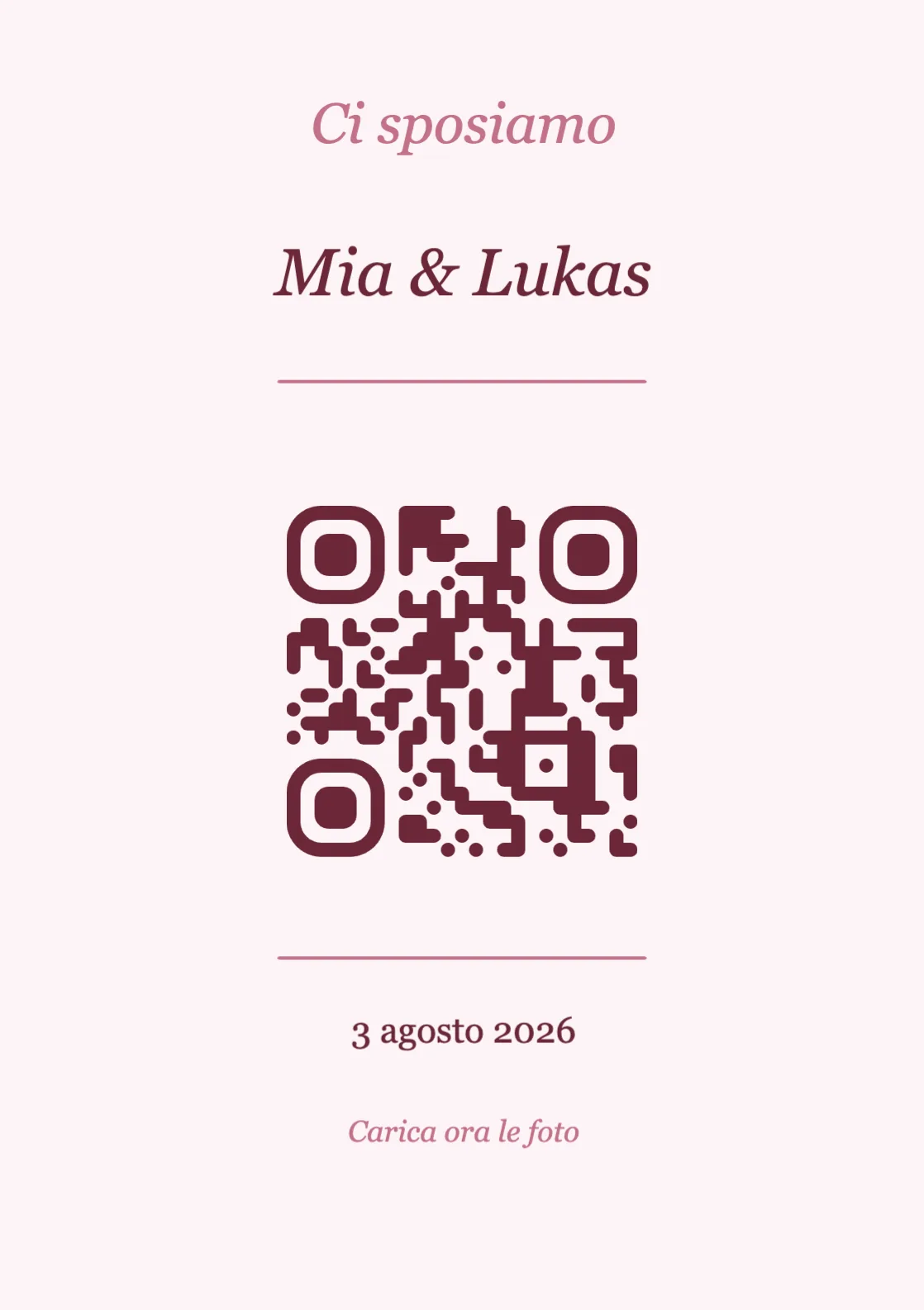 Modello di segnaposto con codice QR per matrimonio, Romantico A7 verticale