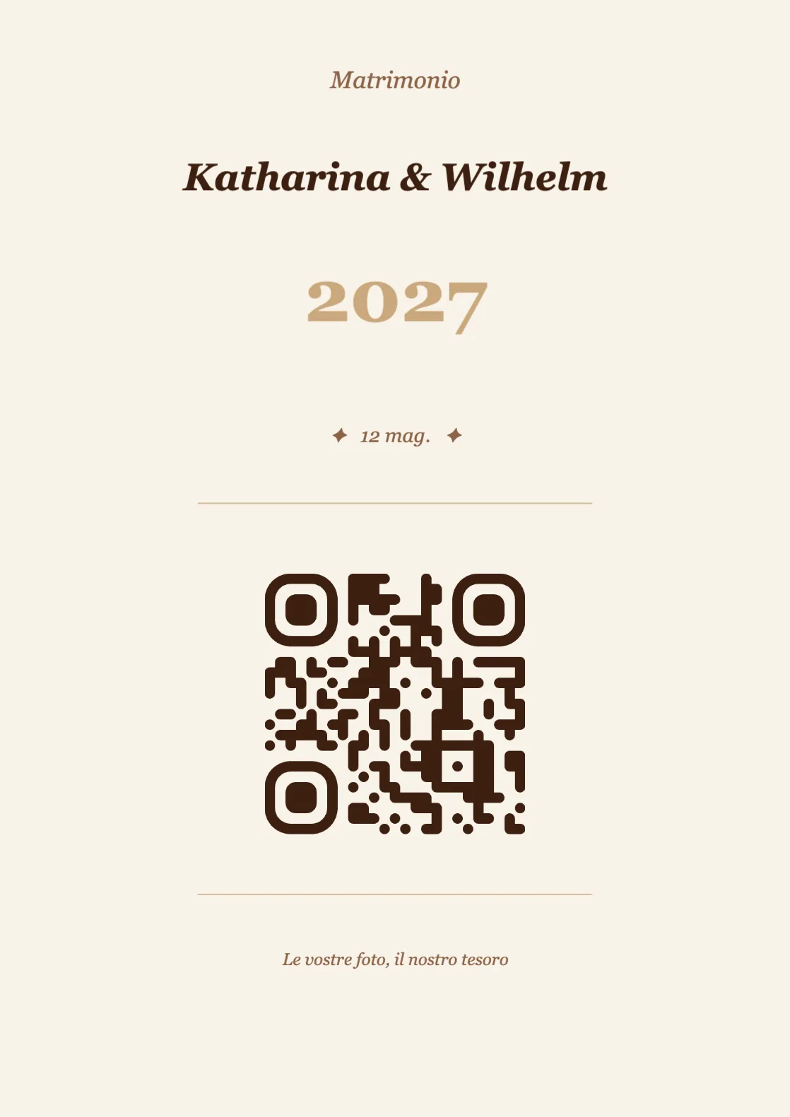 Modello di segnaposto con codice QR per matrimonio, Vintage A4 verticale