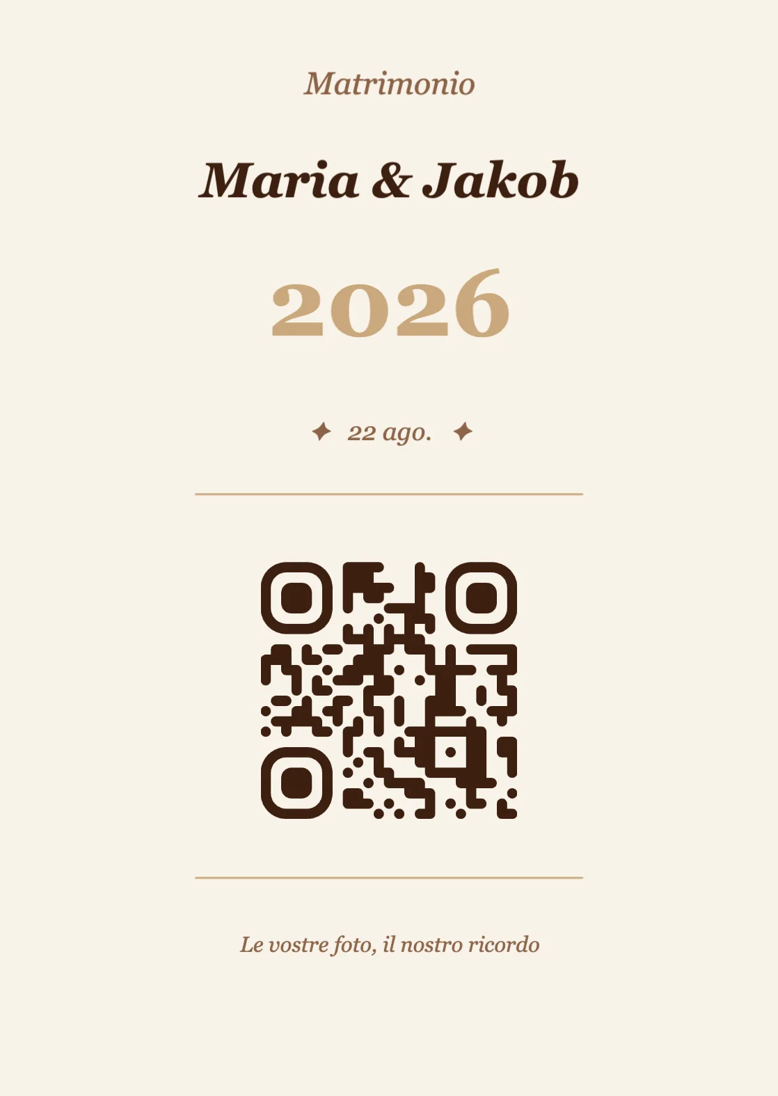 Modello di segnaposto con codice QR per matrimonio, Vintage A6 verticale