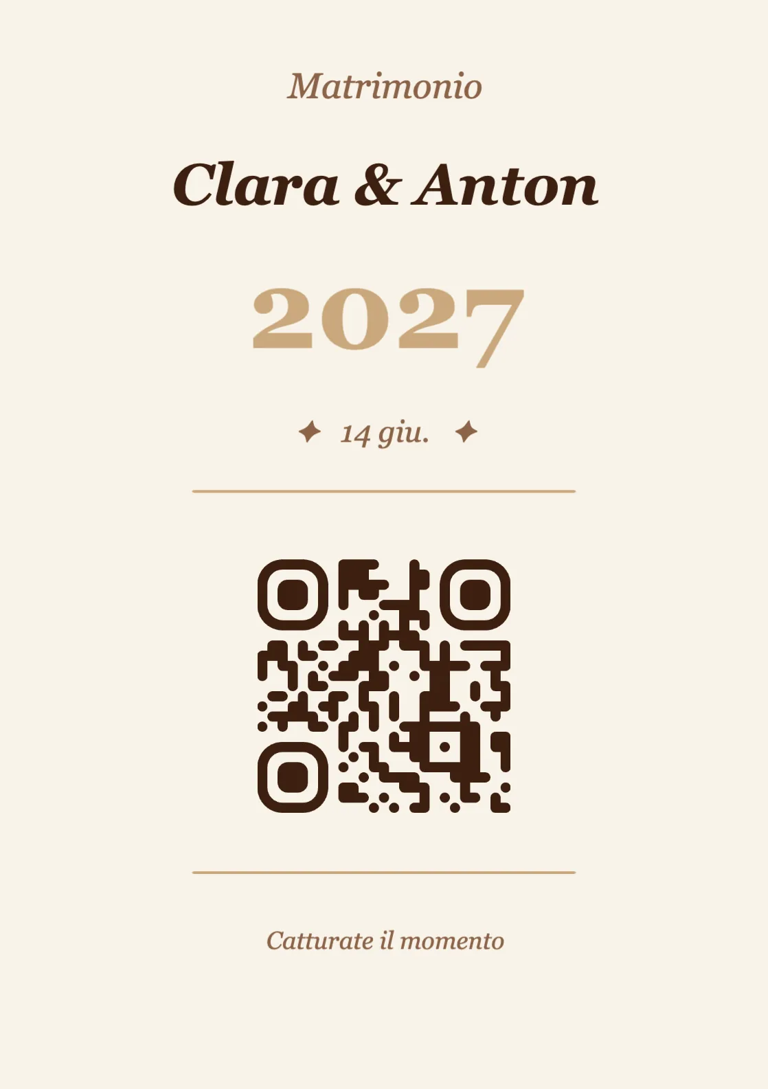 Modello di segnaposto con codice QR per matrimonio, Vintage A7 verticale