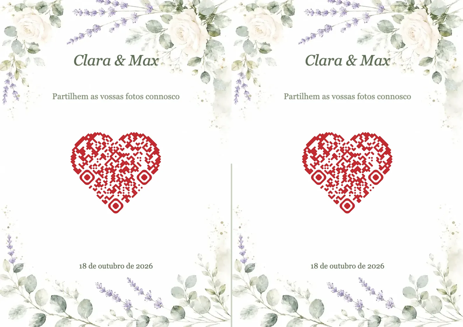 Modelo de casamento com flores em aguarela e código QR em forma de coração, A4 horizontal para dobrar
