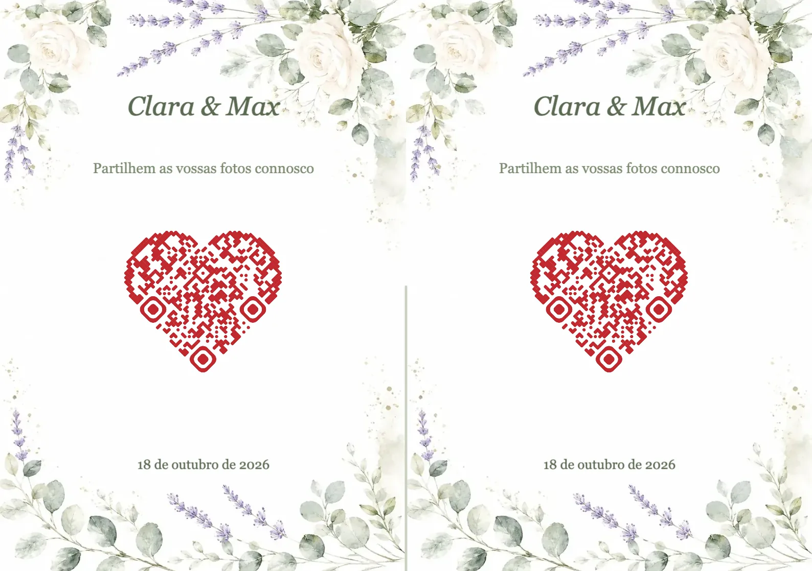 Modelo de casamento com flores em aguarela e código QR em forma de coração, A5 horizontal para dobrar