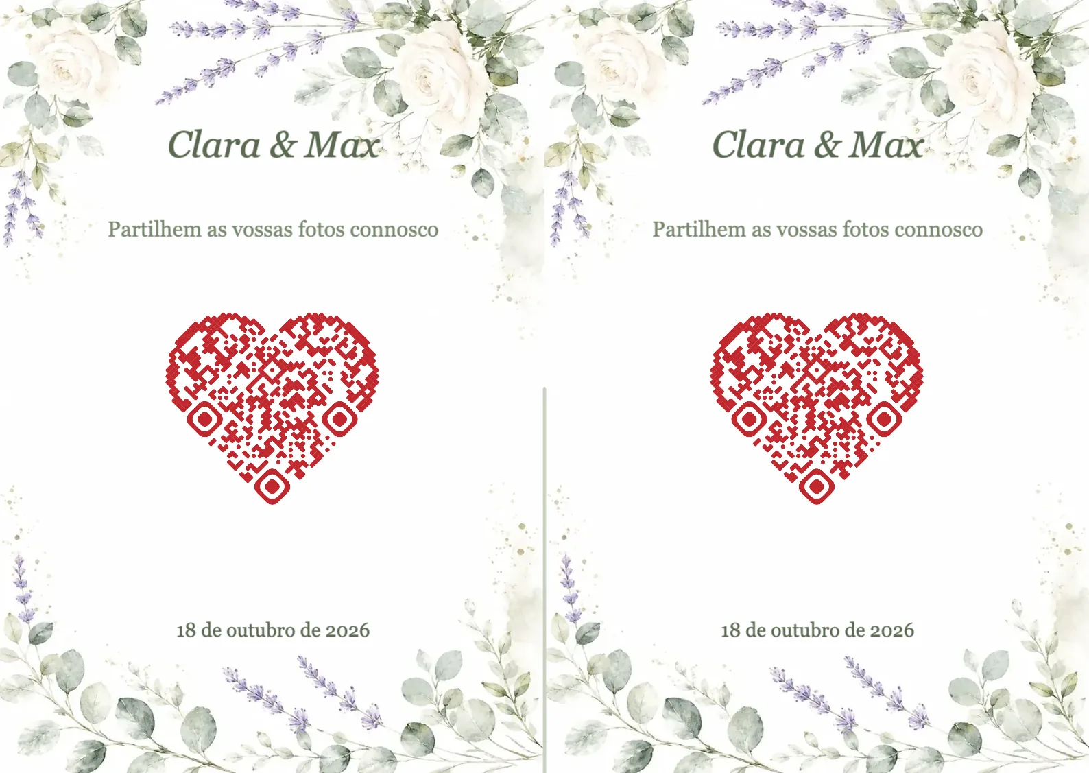 Modelo de casamento com flores em aguarela e código QR em forma de coração, A6 horizontal para dobrar