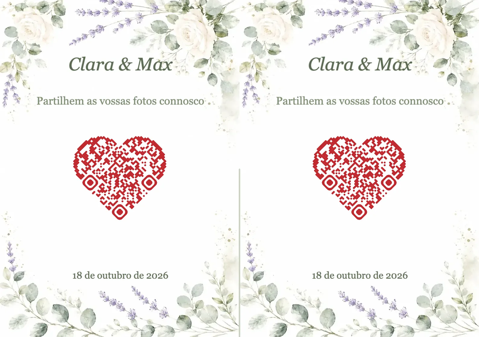 Modelo de casamento com flores em aguarela e código QR em forma de coração, A7 horizontal para dobrar
