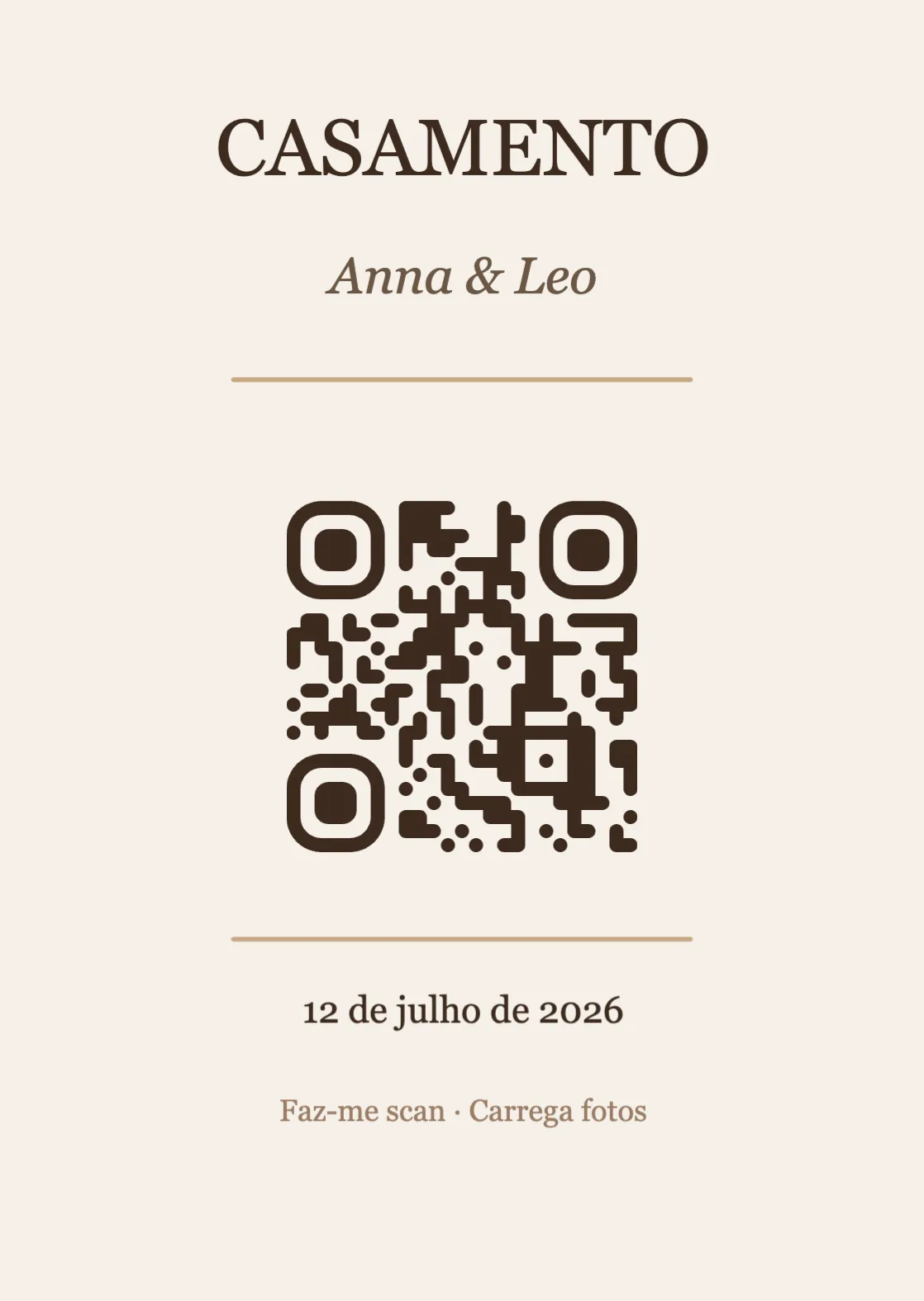 Modelo de cartão de mesa com código QR para casamento, Elegante A6 vertical
