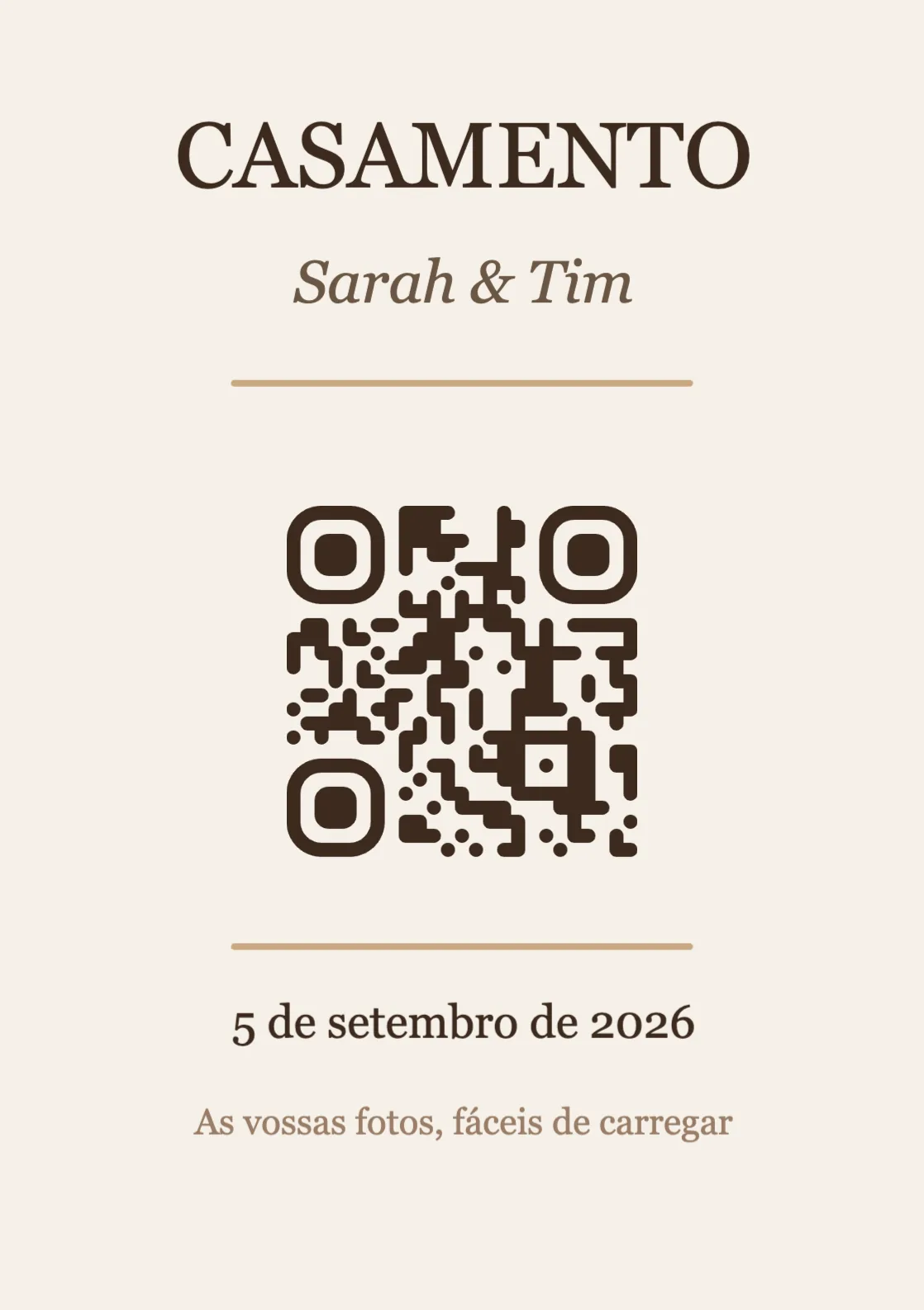 Modelo de cartão de mesa com código QR para casamento, Elegante A7 vertical
