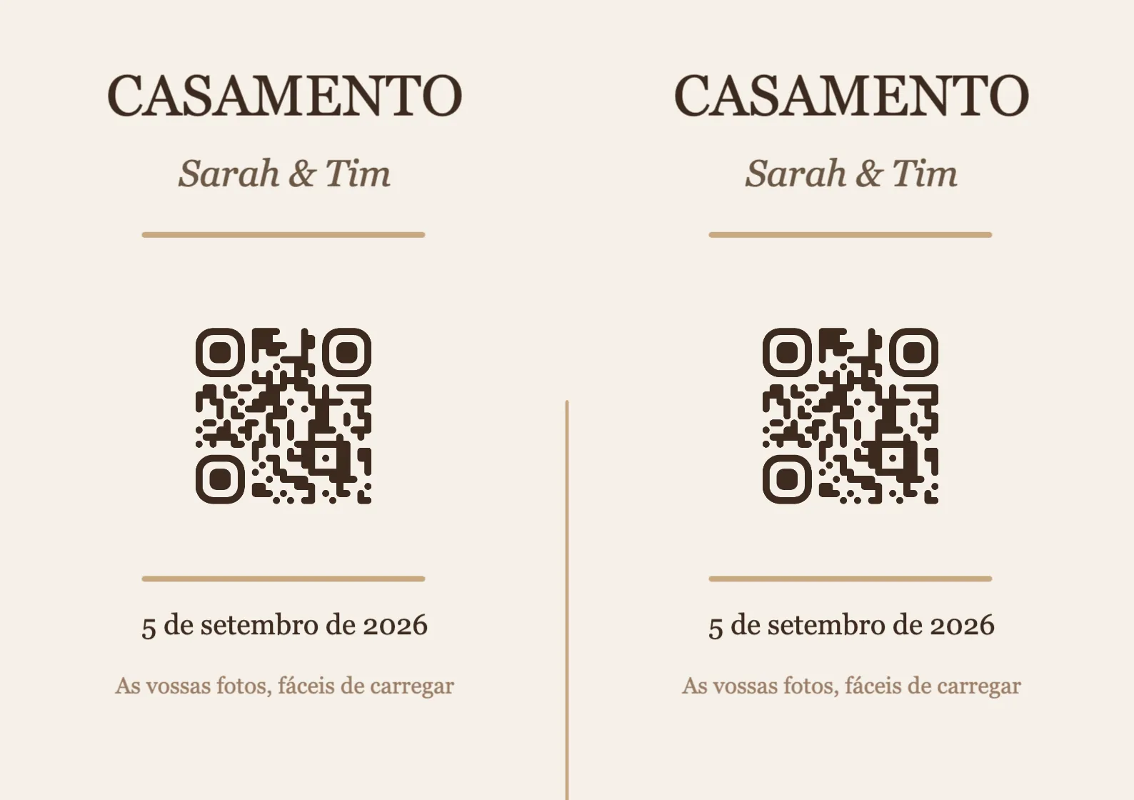 Modelo de cartão de mesa com código QR para casamento, Elegante A7 horizontal para dobrar