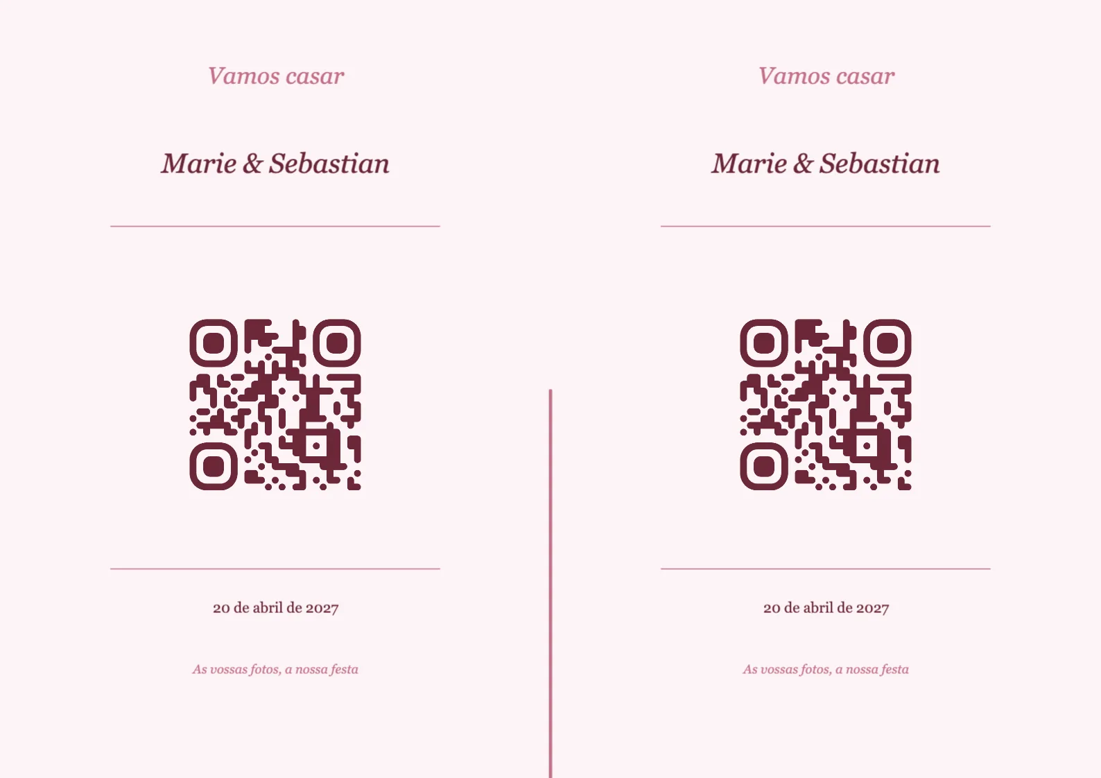 Modelo de cartão de mesa com código QR para casamento, Romântico A4 horizontal para dobrar