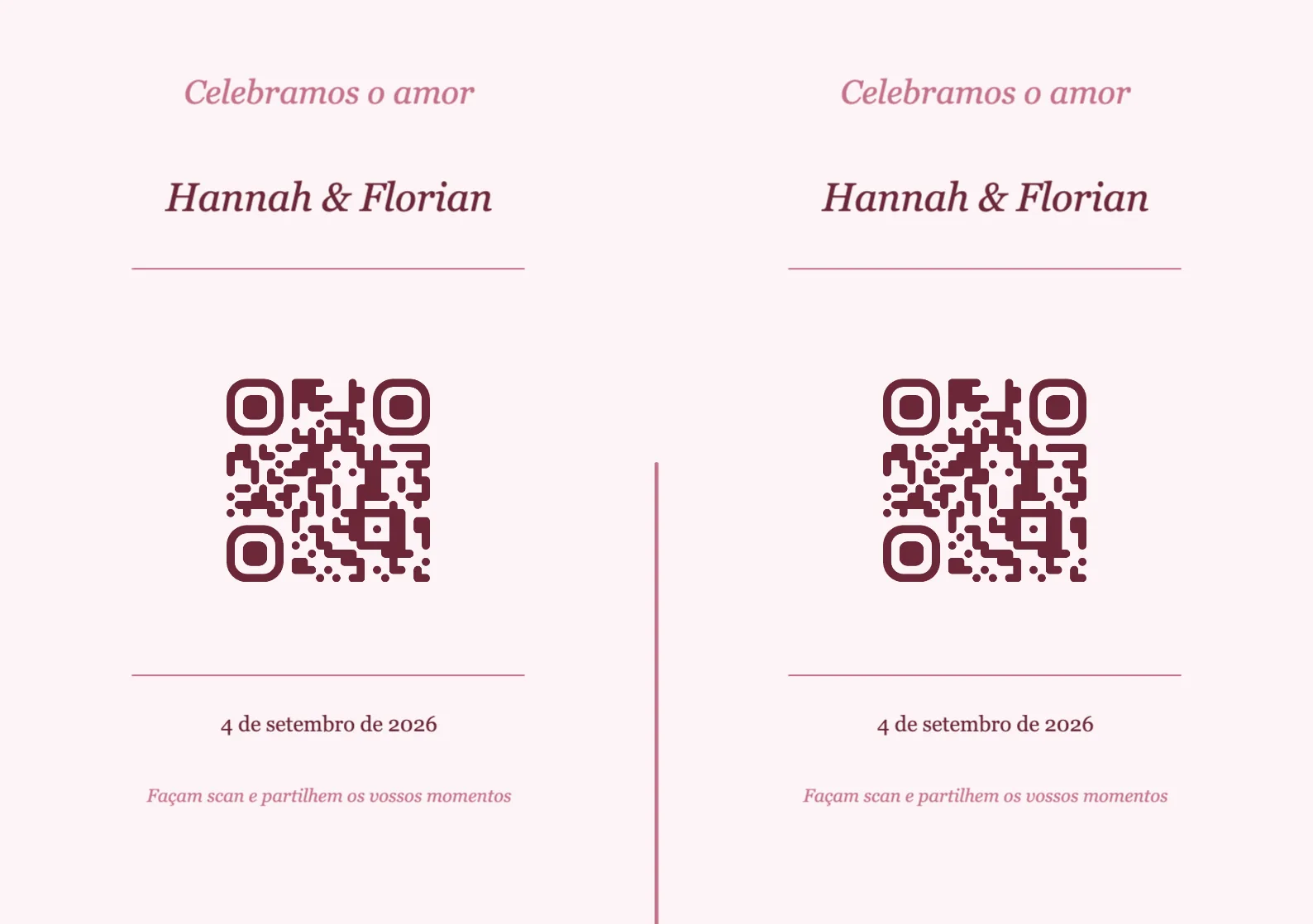 Modelo de cartão de mesa com código QR para casamento, Romântico A5 horizontal para dobrar