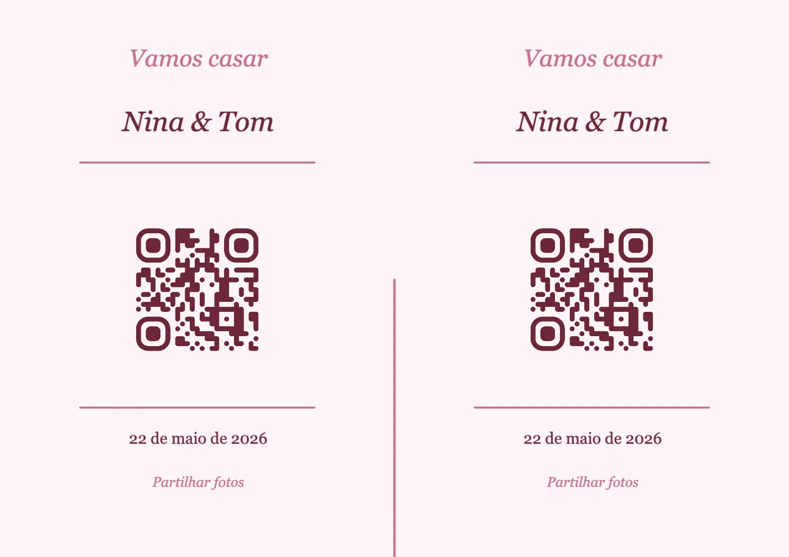 Modelo de cartão de mesa com código QR para casamento, Romântico A7 horizontal para dobrar